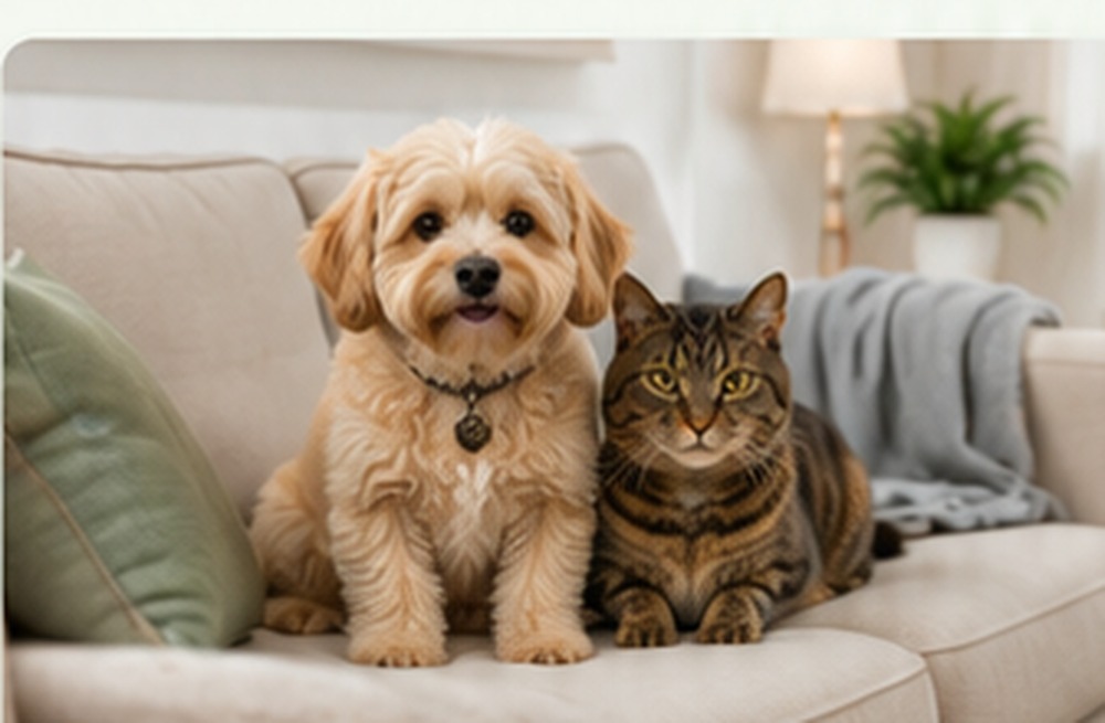 Small dog and cat relaxing together in a comfortable home