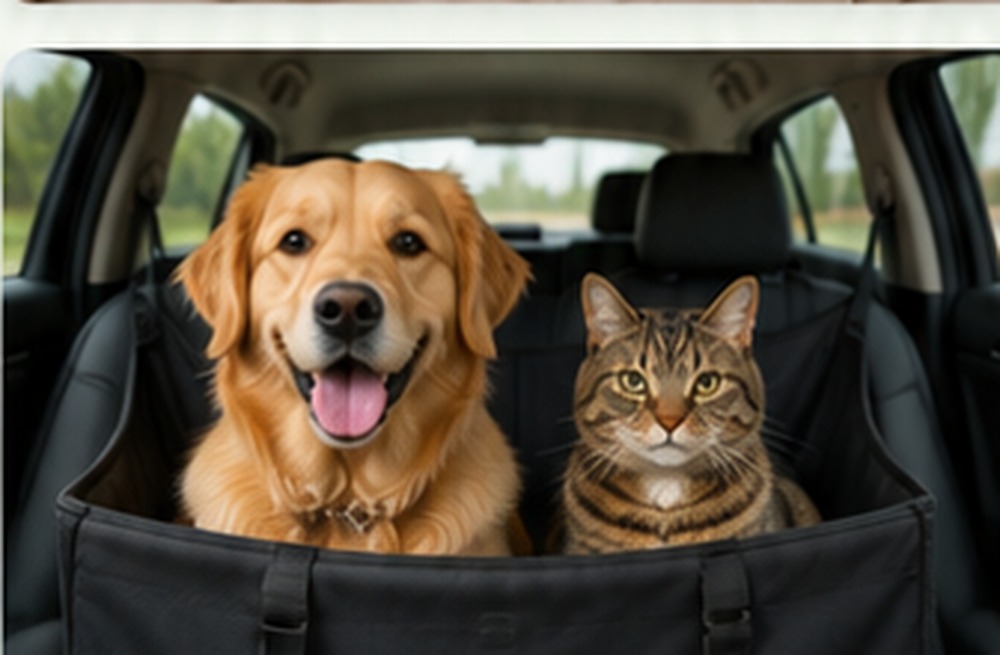 Dog and cat riding safely together in a car